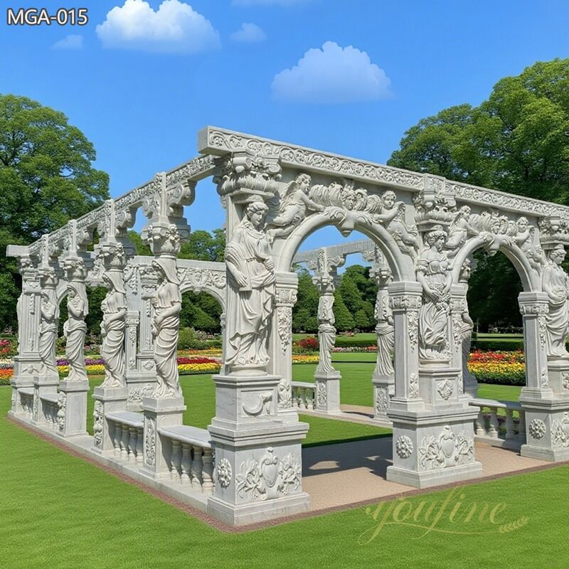 marble outdoor hallway white gazebo with Grecian maidens statue