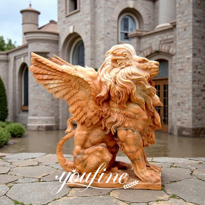 Sunset Red Marble Lion Statue with Wing for Sale MOKK-974