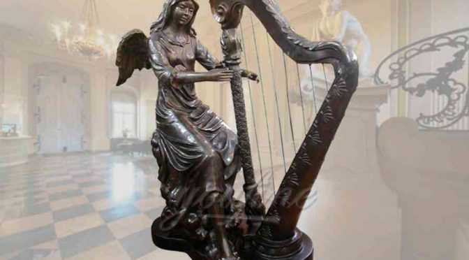 sitting bronze angel statue with harp
