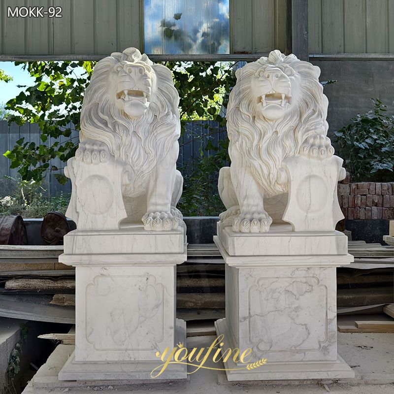 White Marble Roaring Large Lion Statue for Front Porch for Sale MOKK-92