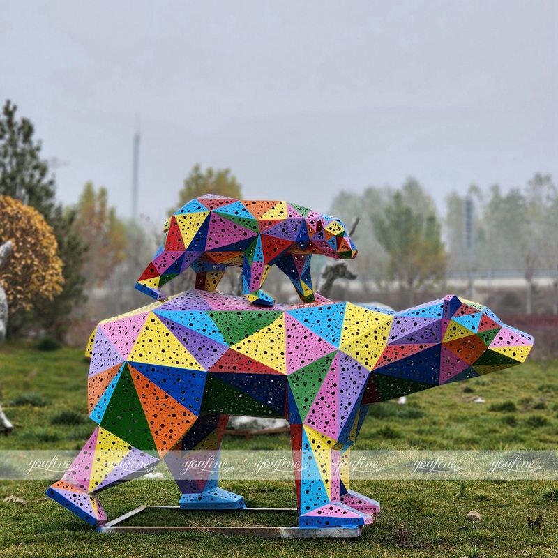 geometric colorful stainless steel bear sculpture