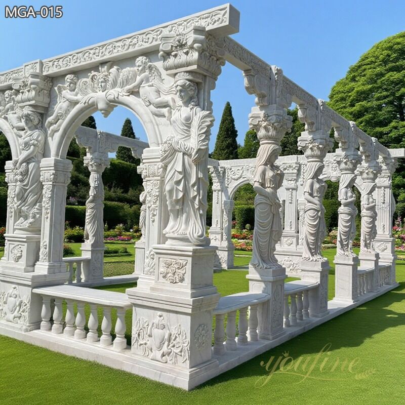 Marble Outdoor Hallway White Gazebo with Grecian Maidens Statue MGA-015