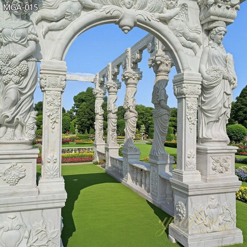 White natural marble Gazebo with Grecian Maidens Statue