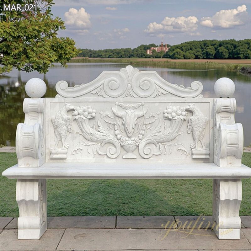 Marble White Bench with Ram and Bird Relief