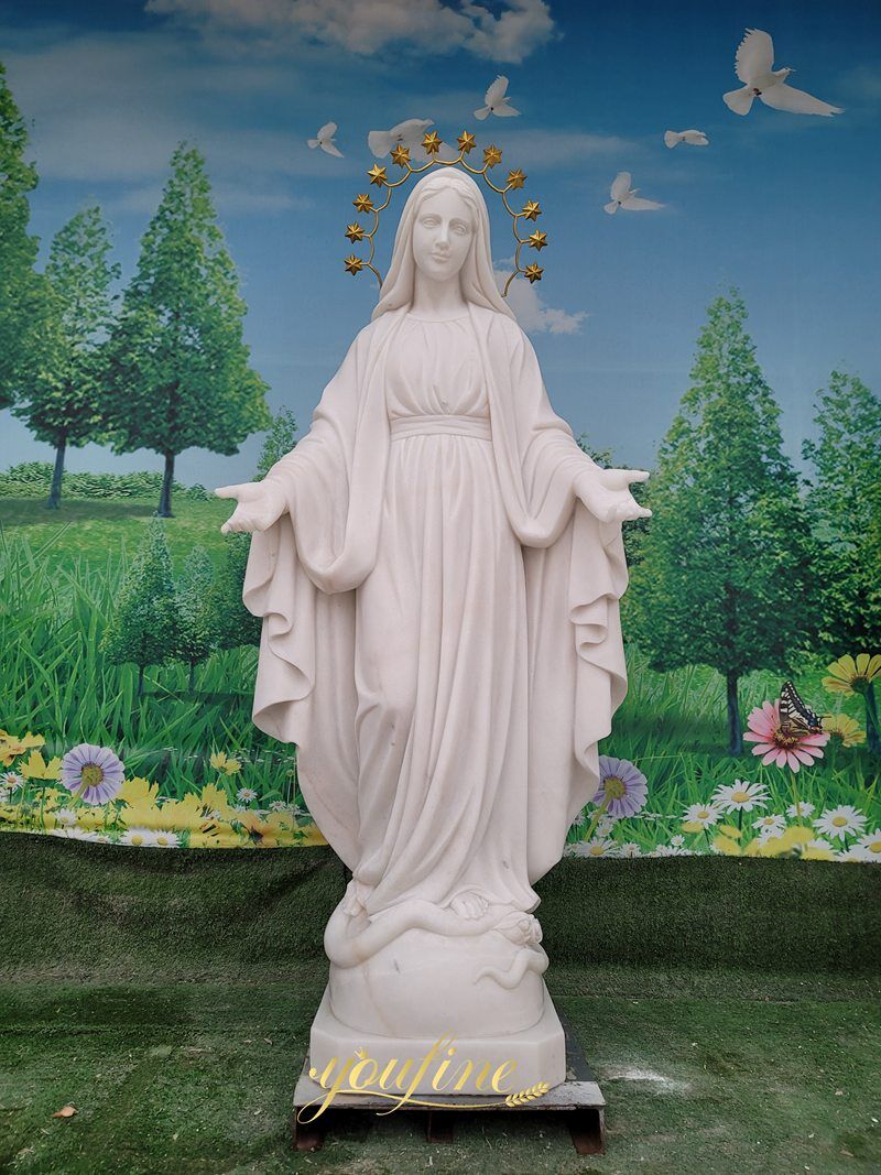 Estatua de la Virgen María en mármol blanco para exteriores, image size:800x1067