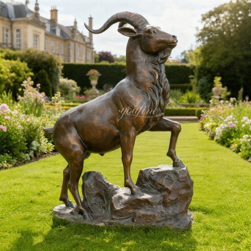 Bronze Mountain Goat Statue Standing on Rocks BAN-432